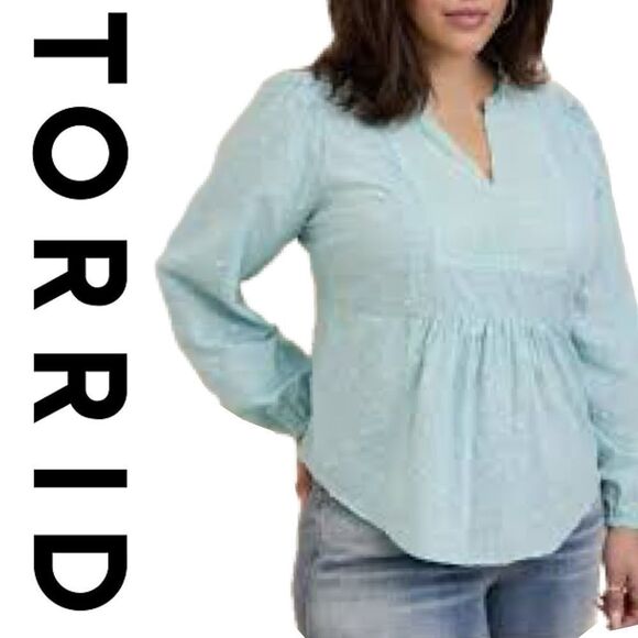 NWT Torrid Light Blue Eyelet Clip Dot Long Sleeve Cotton Top Blouse 2X - Picture 2 of 8